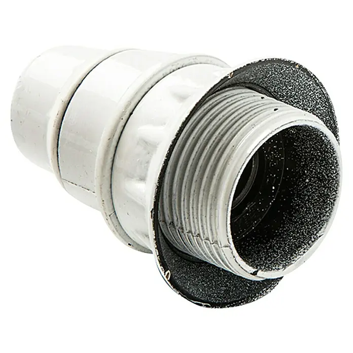 Famatel Casquillo para lámparas con tope y arandela 466 - E14, Blanco, Baquelita - Un portalámparas blanco roscado se muestra sobre un fondo negro, revelando un artículo usado con signos visibles de desgaste.