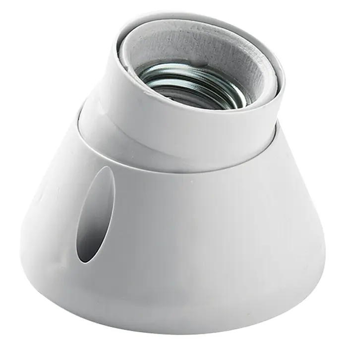Famatel Casquillo para lámparas orientable - E27, Blanco - Primer plano de un portalámparas de plástico blanco E27 con inserto de metal y abertura lateral sobre un fondo negro.