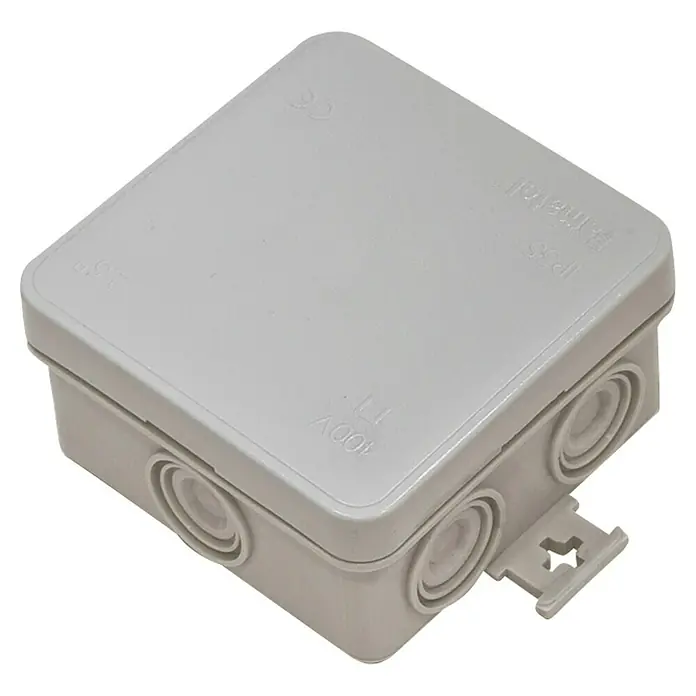 Famatel Feuchtraum-Abzweigdose - Grau, L x B x H: 75 x 75 x 39 mm, Aufputz - Eine graue Abzweigdose, ideal für Elektroinstallationen. Sie ist robust und wasserdicht für Innen- und Außenbereiche.