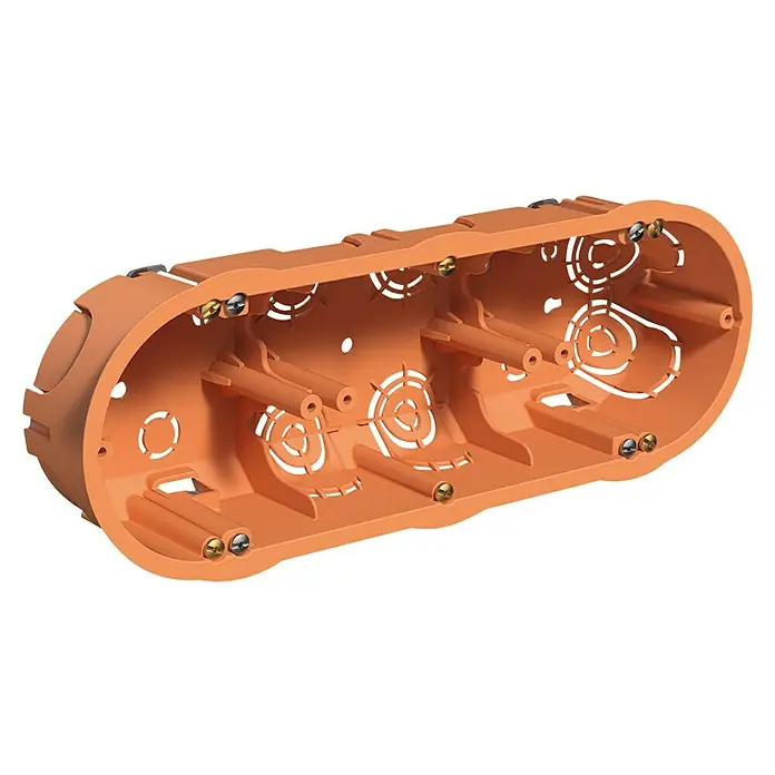Famatel Caja de empotrar Pladur - 67 x 45 mm, Sin tapa, Naranja, 1 ud., Modelo triple - Primer plano de una caja de empotrar naranja y oblonga para interruptores y enchufes, utilizada para instalaciones eléctricas.