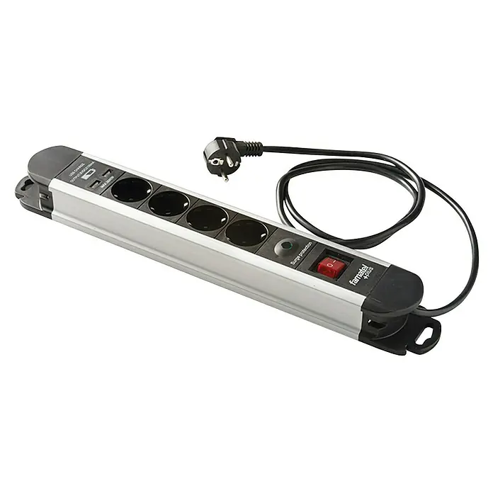 Famatel Base de enchufe múltiple con USB - Número de enchufes Schuko: 4 ud., Negro/Plateado, Longitud del cable: 1,5 m, Con interruptor - Regleta de enchufes Famatel con protección contra sobretensiones, puertos USB e interruptor de alimentación rojo, ideal para el hogar o la oficina.