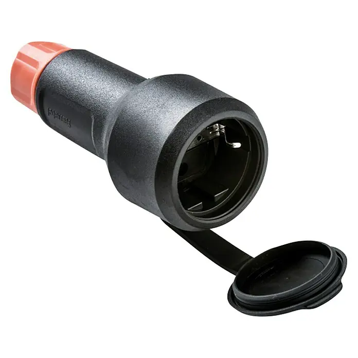 Famatel Base aérea de goma TT con tapa - Negro/Rojo, 250 V, 16 A, IP54 - Un enchufe schuko negro con un tapón rojo y una tapa abierta, diseñado para uso en exteriores.