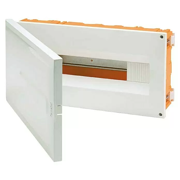 Famatel Cuadro eléctrico empotrado Vita Range - 40 x 20 cm, Blanco - Caja de distribución eléctrica blanca con puerta abierta, mostrando el riel interno y la carcasa naranja.