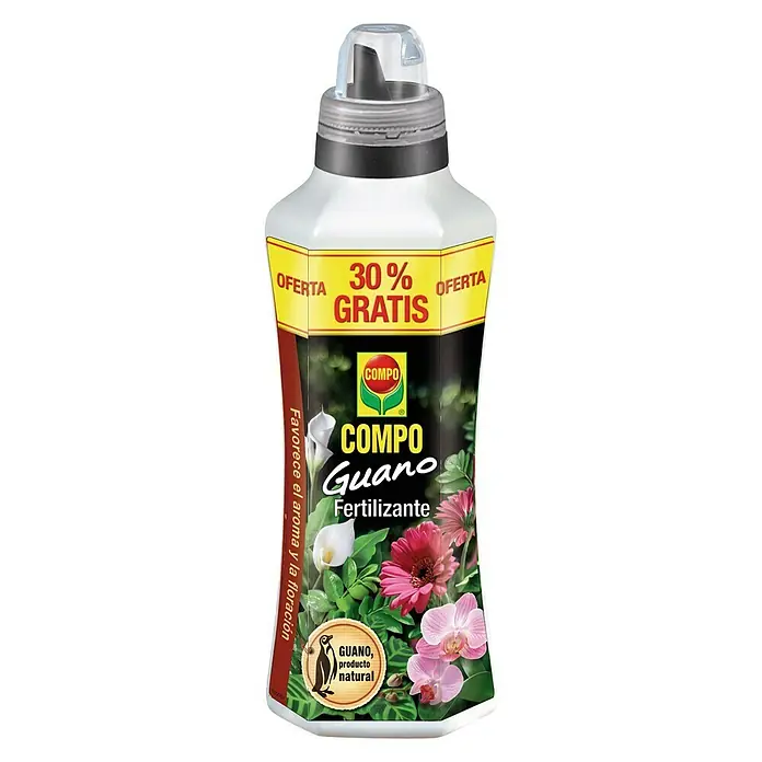 Compo Fertilizante universal Guano líquido - 1,3 l - Imagen del producto de una botella de fertilizante líquido COMPO Guano con un 30% extra gratis.