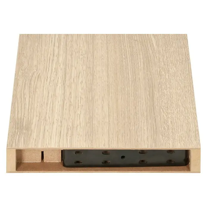 Regalux Estante flotante - L x An x Al: 23,5 x 24 x 3,8 cm, Roble, Carga soportada: 5 kg - Detalle de un panel de madera clara con una ranura fresada y un riel metálico negro. Perfecto para la construcción de muebles y acabados interiores.