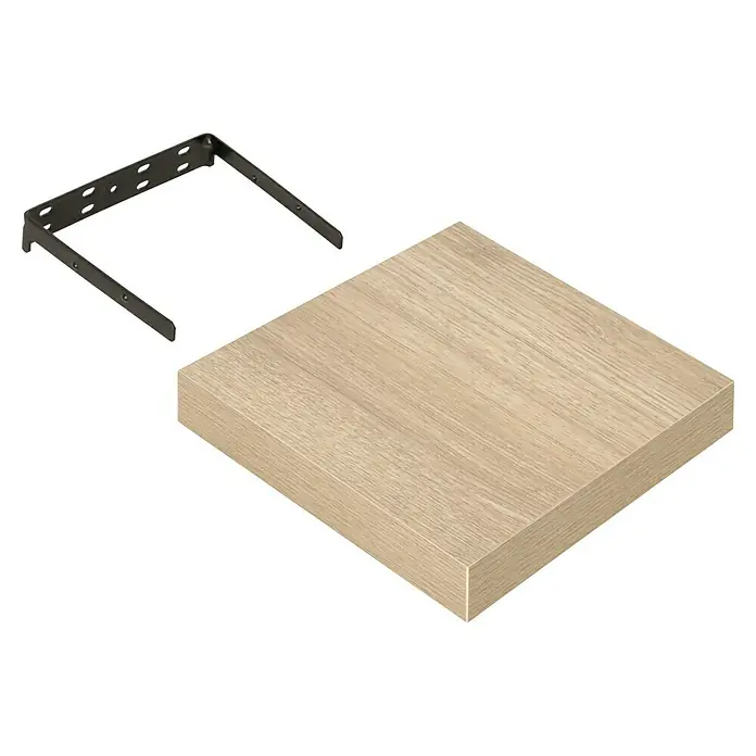 Regalux Estante flotante - L x An x Al: 23,5 x 24 x 3,8 cm, Roble, Carga soportada: 5 kg - Primer plano de un estante de madera clara con un soporte negro, que ofrece una estética minimalista y moderna para el montaje en pared.