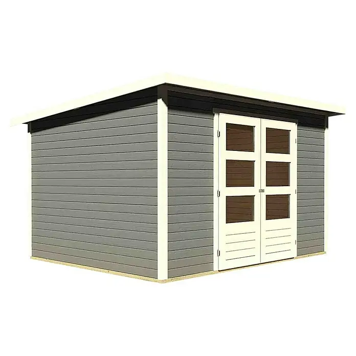 Karibu Gartenhaus Stockach 5 - Außenmaß inkl. Dachüberstand (B x T): 330 x 282 cm, Holz, Terragrau - Abbildung eines grauen Gartenhauses mit Doppeltür und weißen Akzenten, das ideal für die Aufbewahrung von Gartengeräten ist.