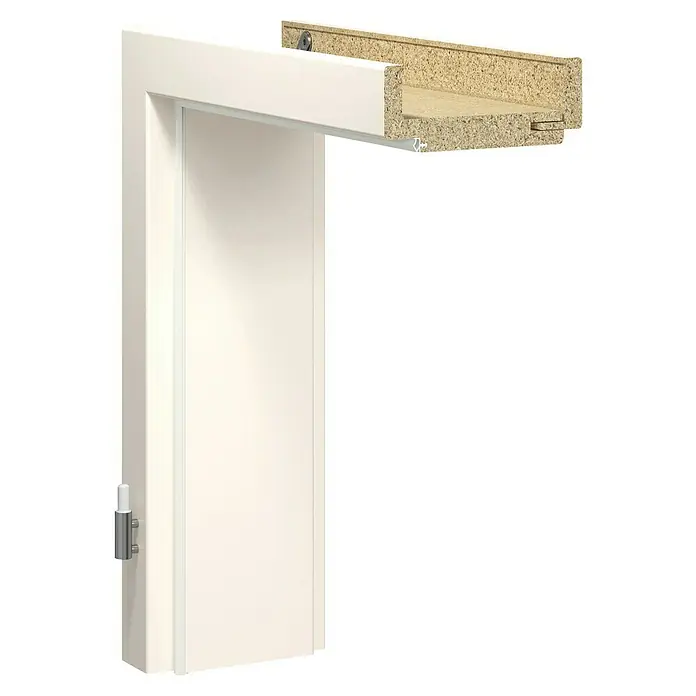 GetaDoor Laminit Türzarge GL 223 - 735 x 1.985 mm, Wandstärke: 100 mm, DIN Anschlag: Links, Weiß seidenmatt - Weiße Türzarge im Detail. Die Konstruktion zeigt die feinen Holzdetails und die saubere Verarbeitung der Zarge.