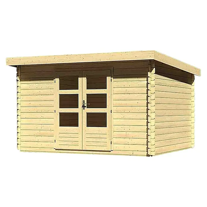 Karibu Gartenhaus Bastrup 7 - Außenmaß inkl. Dachüberstand (B x T): 375 x 333 cm, Holz, Natur - Das Bild zeigt ein modernes Gartenhaus aus hellem Holz mit einer Doppeltür, die mit Fenstern versehen ist. Es hat ein Flachdach.