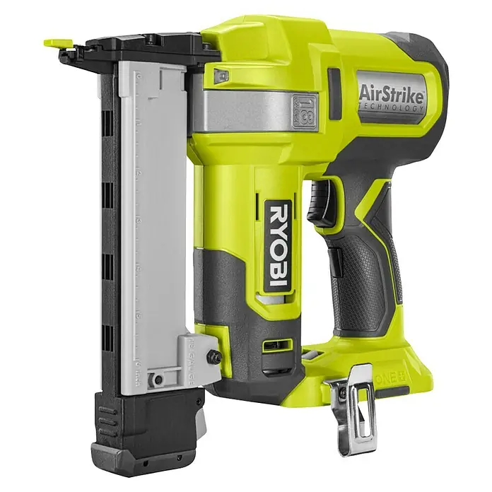 Ryobi ONE+ Akku-Tacker R18GS18-0 - 18 V, Li-Ionen, Ohne Akku - Ryobi AirStrike Akku-Nagelpistole, ein vielseitiges Werkzeug für präzise Befestigungen im Heimwerkerbereich.