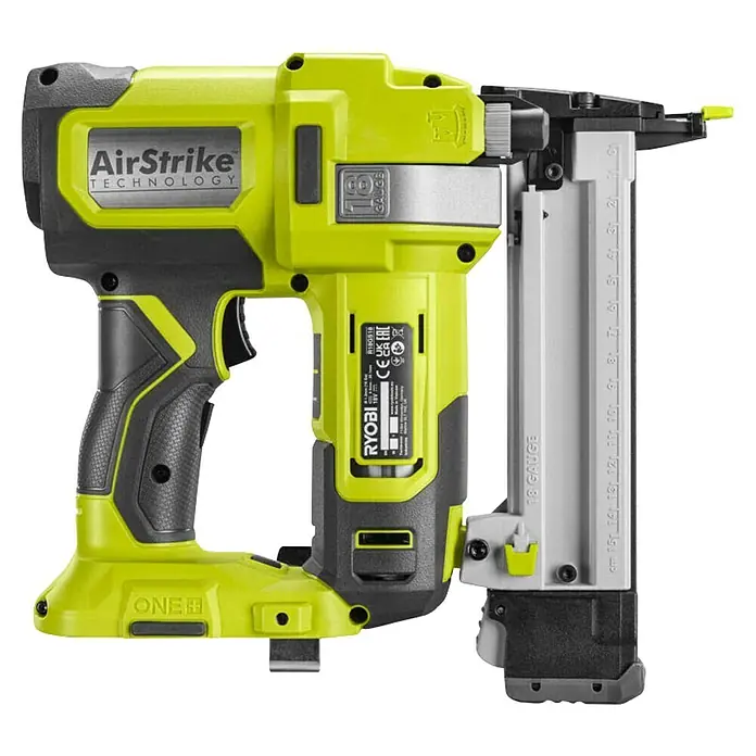 Ryobi ONE+ Akku-Tacker R18GS18-0 - 18 V, Li-Ionen, Ohne Akku - Das Bild zeigt einen Akku-Nagler von Ryobi, Modell AirStrike, mit einem 18-Gauge-Magazin und einem ergonomischen Griff.