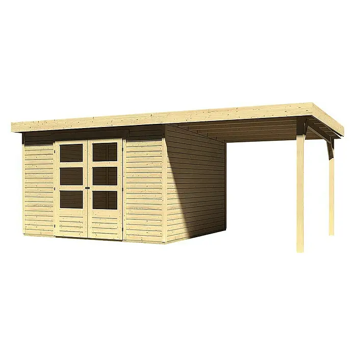 Karibu Gartenhaus Askola - Außenmaß inkl. Dachüberstand (B x T): 558 x 331 cm, Holz, Natur, Mit Anbaudach - Abbildung eines hellen Holzgartenhauses mit Doppeltüren und Carport-Anbau, ideal für Gartengeräte und als Unterstand.