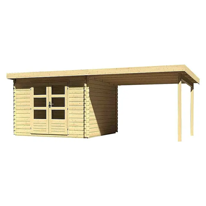 Karibu Gartenhaus Bastrup 5 - Außenmaß inkl. Dachüberstand (B x T): 614 x 333 cm, Holz, Natur, Mit Seitendach - Abbildung eines Holzgartenhauses mit einem Unterstand für Gartengeräte oder als Carport. Das Haus ist unbehandelt und hat Doppeltüren.