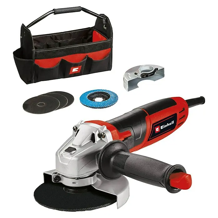 Einhell Amoladora angular eléctrica TC-AG 125/850 Kit - 850 W, Diámetro disco: 125 mm, Número de revoluciones de marcha en vacío: 12.000 r.p.m. - Set de amoladora angular Einhell con bolsa de herramientas, discos de esmerilado y protector para tareas variadas.