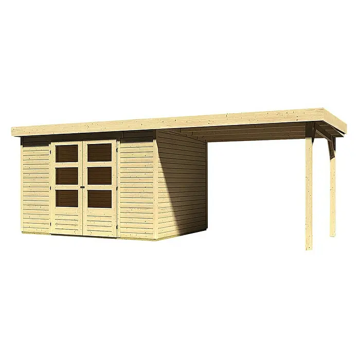 Karibu Gartenhaus Askola - Außenmaß inkl. Dachüberstand (B x T): 591,5 x 262 cm, Holz, Natur, Mit Anbaudach - Ein freistehendes Holzgartenhaus mit einem Carport-Anbau für zusätzlichen Stauraum oder Unterstand im Außenbereich.
