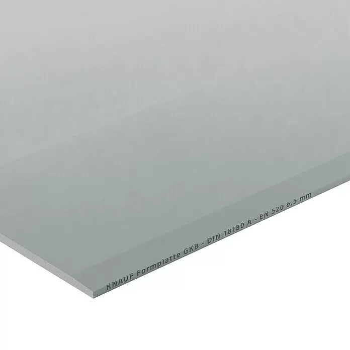 Knauf Gipskartonplatte Formplatte GKB - 2.500 x 900 x 6,5 mm - Hellgraue Knauf GKB Gipsplatte, 6,5 mm dick, mit Produktdetails auf der Seite aufgedruckt.