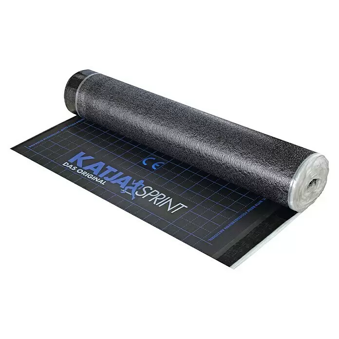 Knauf Katja Sprint Abdichtungsbahn - 32 m x 1,25 m x 0,9 mm - Schwarze Dachunterspannbahn auf Rolle mit blauem Raster und Branding. Die obere Seite ist grau strukturiert, die Unterseite schwarz.