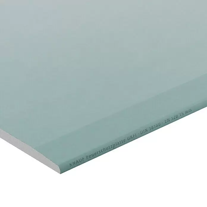 Knauf Feuerschutzplatte GKFI - 2.000 x 1.250 x 15 mm, Imprägniert - Hellblau-graue KNAUF 15mm Brandschutzgipsplatte mit Text am Rand.