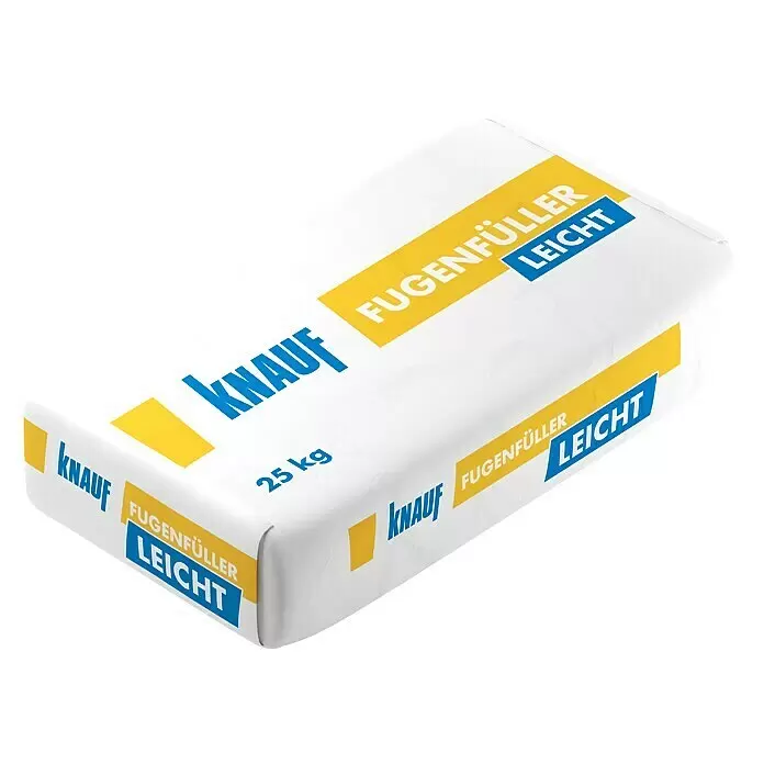 Knauf Fugenspachtel Leicht - 25 kg - Weißer Knauf Fugenfüller Leicht 25 kg Sack mit gelbem und blauem Branding.