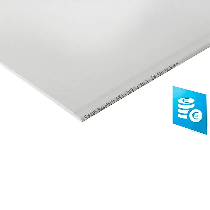 Knauf Gipskartonplatte GKB - 2.500 x 1.250 x 9,5 mm - Abbildung einer Knauf Bauplatte GKB DIN 18180 A - EN 520 12,5 mm, ideal für Trockenbau und Innenausbau, mit Preisangabe.