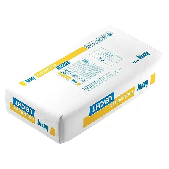 Knauf Fugenspachtel Leicht - 25 kg - Weißer 25 kg Sack Knauf Fugenfüller Leicht mit blauer und gelber Beschriftung.