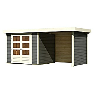 Karibu Gartenhaus Askola 3 (Außenmaß inkl. Dachüberstand (B x T): 491 x 238 cm, Holz, Terragrau, Mit Anbaudach, Rück- und Seitenwand)