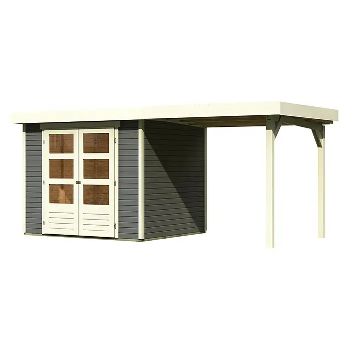 Karibu Gartenhaus Askola 3 - Außenmaß inkl. Dachüberstand (B x T): 491 x 238 cm, Holz, Terragrau, Elfenbinweiß, Mit Anbaudach - Ein modernes Gartenhaus mit Doppeltür und überdachtem Bereich, ideal für Gartenutensilien und als Wetterschutz.