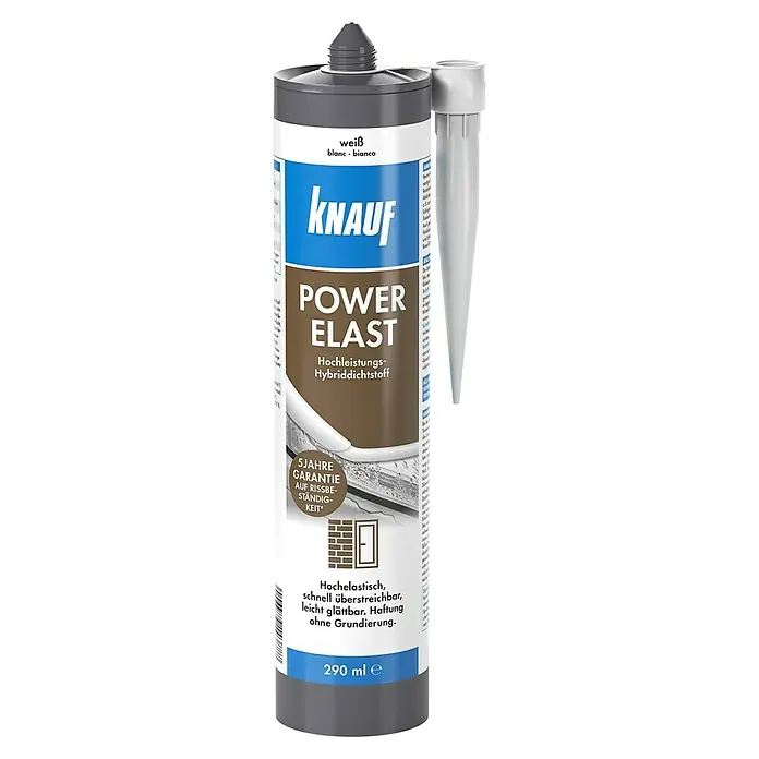 Knauf Dichtstoff Power-Elast - 290 ml, Hybrid-Polymer, Weiß - Das Bild zeigt eine Kartusche Knauf Power Elast, einen hochleistungsfähigen Hybriddichtstoff, ideal für elastische und überstreichbare Abdichtungen.