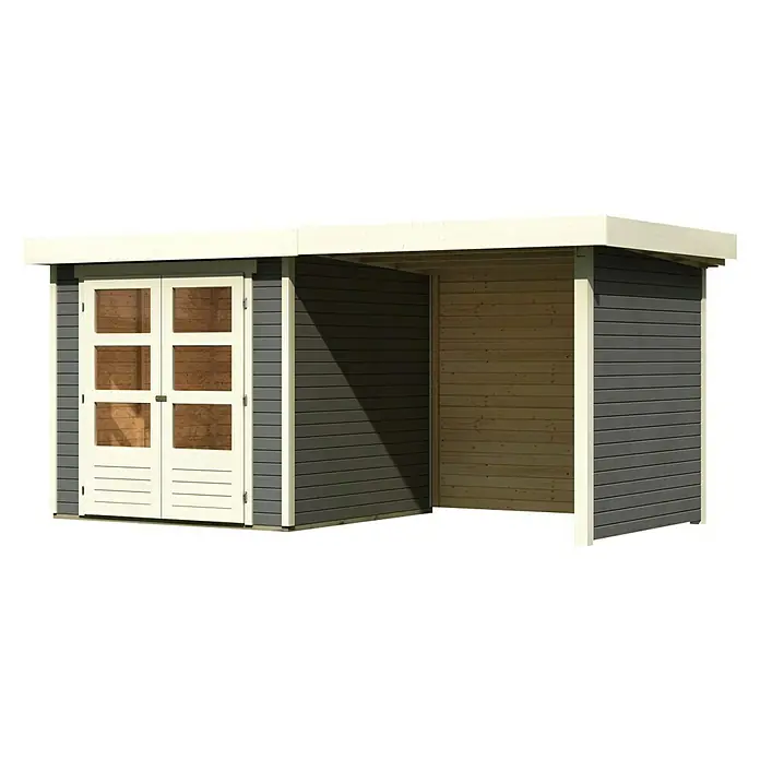Karibu Gartenhaus Askola 2 - Außenmaß inkl. Dachüberstand (B x T): 467 x 238 cm, Holz, Terragrau, Mit Anbaudach, Seiten- und Rückwand - Ein geräumiges Gartenhaus mit Doppeltüren und einem offenen Anbau, ideal für Lagerung und Schutz im Freien.