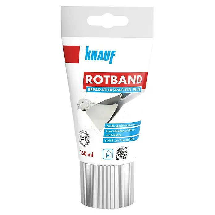 Knauf Rotband Reparaturspachtel Plus - 160 ml, Weiß - Abbildung einer Tube Knauf Rotband Reparaturspachtel Plus, ideal zum Ausbessern von Rissen und Löchern im Innenbereich.