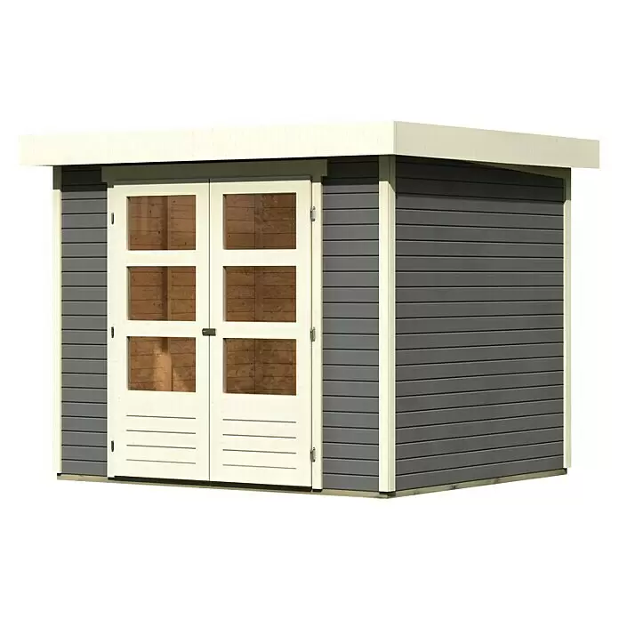 Karibu Gartenhaus Askola - Außenmaß inkl. Dachüberstand (B x T): 266 x 238 cm, Holz, Terragrau - Modernes, dunkelgraues Gartenhaus mit cremefarbenen Doppeltüren, Fenstern und Flachdach.