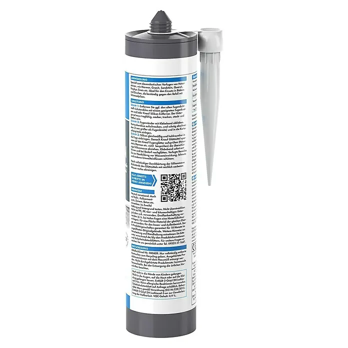 Knauf Naturstein-Silikon - Transparent, 300 ml - Nahaufnahme einer Kartusche Knauf Silikon für Naturstein, ideal für dauerelastische Fugen in Bädern und Duschen.