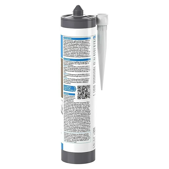 Knauf Dichtstoff Power-Elast - 290 ml, Hybrid-Polymer, Weiß - Nahaufnahme der Knauf Power Elast Hybrid-Dichtmasse in einer Kartusche. Vielseitig einsetzbarer, neutral vernetzender Dichtstoff für Bau und Renovierung.