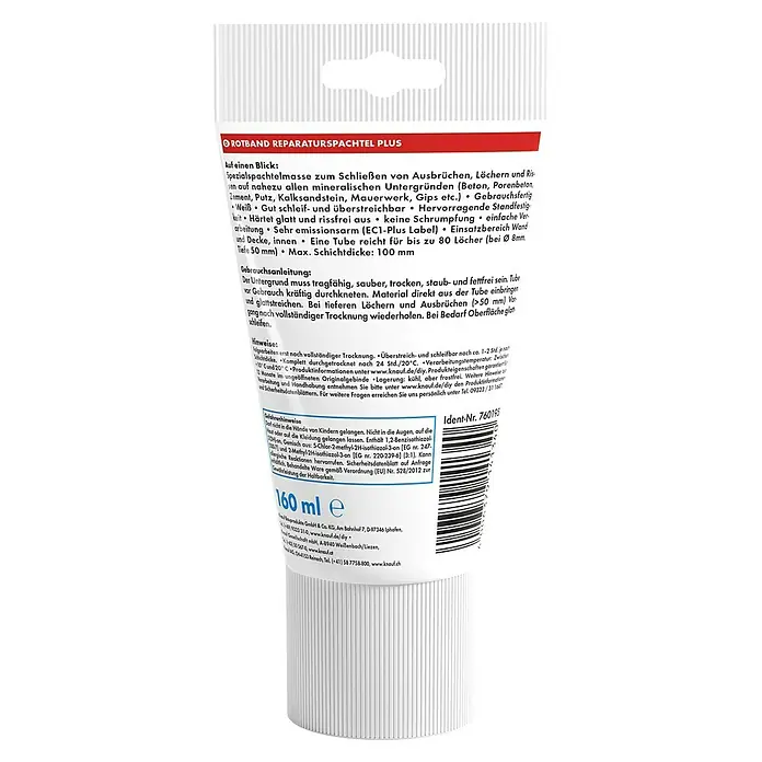Knauf Rotband Reparaturspachtel Plus - 160 ml, Weiß - ROTBAND Reparaturspachtel Plus: Spezialspachtelmasse zum Ausbessern von Rissen und Löchern auf mineralischen Untergründen im Innenbereich.