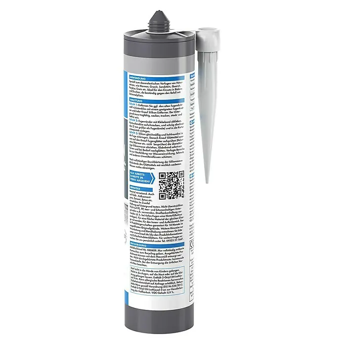 Knauf Naturstein-Silikon - Zementgrau, 300 ml - Nahaufnahme einer Kartusche Knauf Naturstein Silikon in Grau, ideal für dauerelastische Fugen und beständig gegen Schimmelpilze.