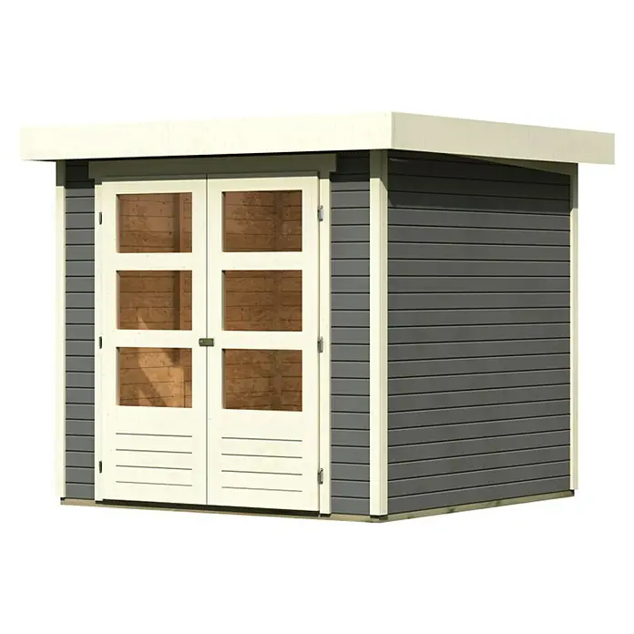 Karibu Gartenhaus Askola - Außenmaß inkl. Dachüberstand (B x T): 242 x 238 cm, Holz, Terragrau - Schuppen mit Doppeltür. Das Gartenhaus hat eine graue Holzverkleidung, weiße Türrahmen und eine moderne Flachdach-Konstruktion.