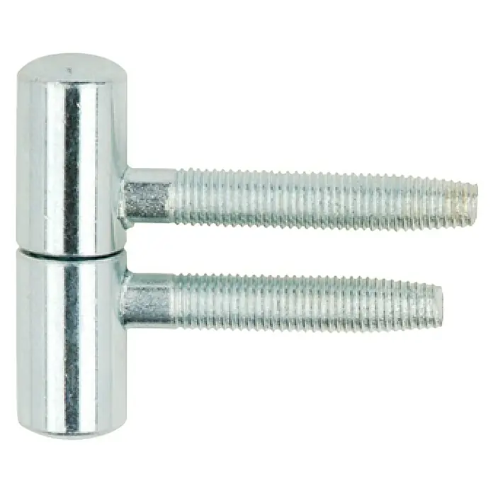 Suki Bisagra de encaje Anuba - Diámetro ruedas: 11 mm, Zincado, Apto para: Puertas de las habitaciones - Primer plano de una bisagra brillante de color plateado con rosca. La bisagra es robusta y está diseñada para puertas o portones pesados.