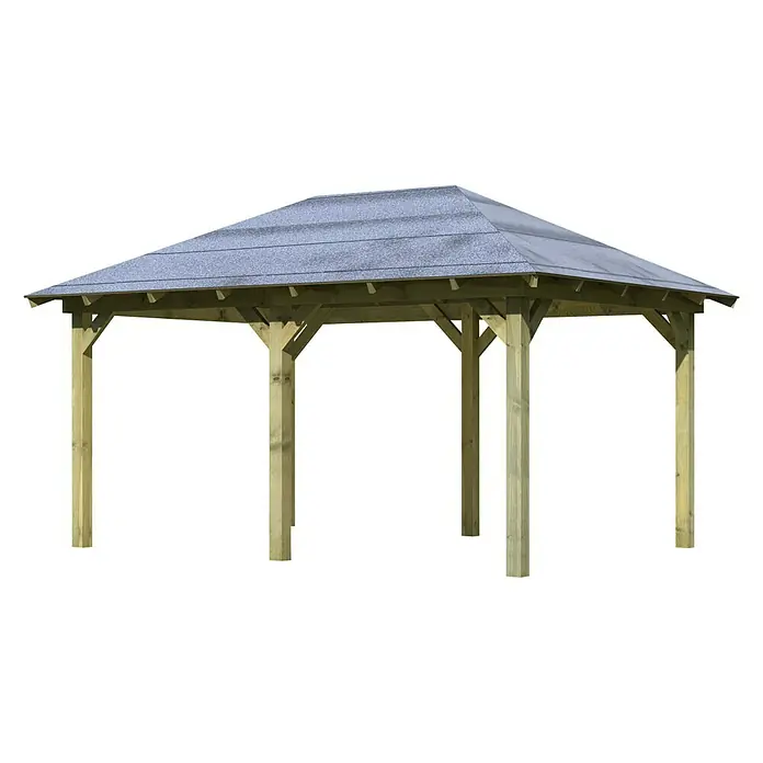 Karibu Pavillon Perida - 485 x 345 cm, Natur - Hölzerner Pavillon mit grauem Spitzdach für einen schattigen Außenbereich.