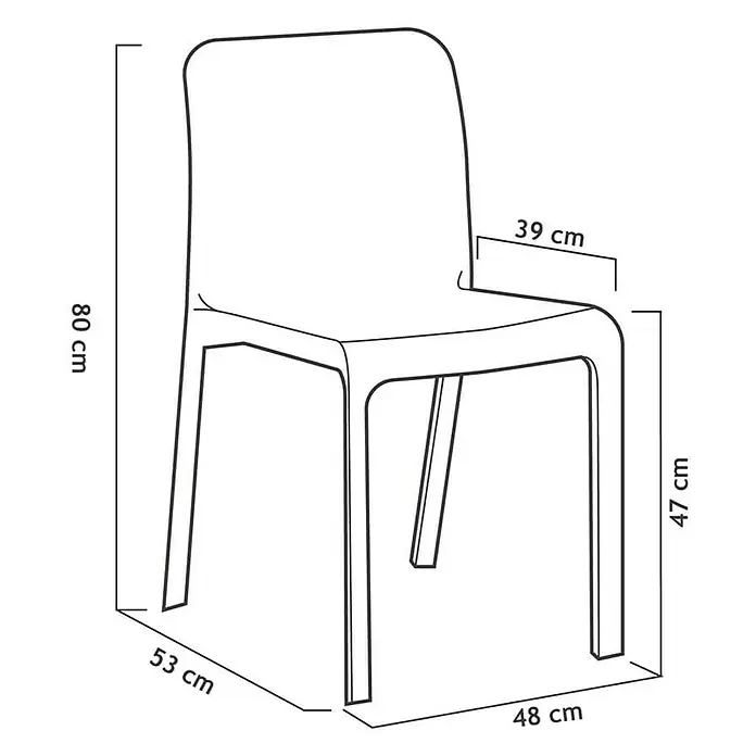 Silla de jardín Grana - 40 x 53 x 81 cm, Antracita, Polipropileno - Ilustración de una silla que muestra las siguientes dimensiones: 80 cm de altura, 39 cm de ancho de asiento, 47 cm de altura de asiento, 53 cm de profundidad y 48 cm de ancho.