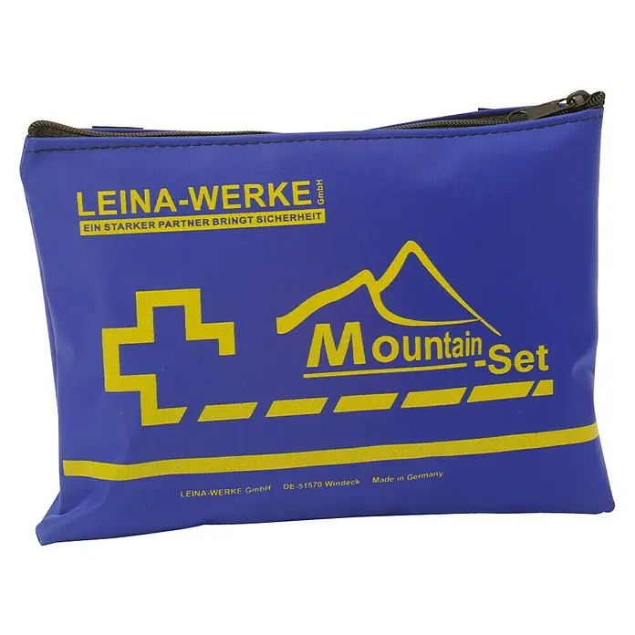 Leina-Werke Erste-Hilfe-Set Mountain - 185 x 130 x 40 mm - Blaue LEINA-WERKE Mountain Set Tasche mit gelbem Aufdruck, ideal für Outdoor-Abenteuer und zur Sicherheit.