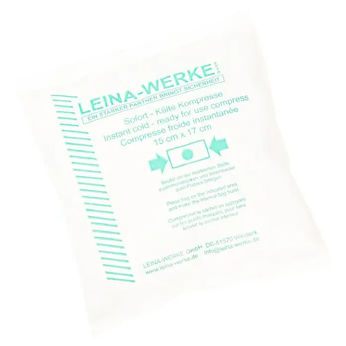 Leina-Werke Kältekompresse - 1 Stk., 170 x 150 mm - Bild einer LEINA-WERKE Sofort-Kälte-Kompresse, bereit zur Anwendung, mit Anweisungen in mehreren Sprachen.