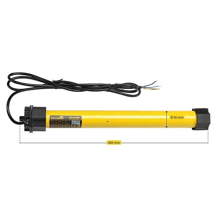 Schellenberg Motor tubular Maxi Standard - Superficie de persiana enrollable máx.: 6,2 m² para persianas de plástico, Longitud de instalación: 500 mm, Fuerza de tracción: 25 kg - Motor tubular amarillo Schellenberg Rollopower (45mm diámetro, 485mm longitud) con cable negro y etiqueta.