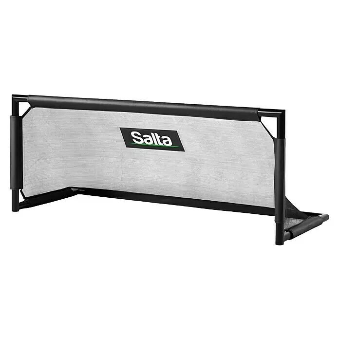 Salta Fußballtor Techniq - 150 x 60 x 60 cm, Schwarz - Schwarzes tragbares Fußballtor mit weißem Netz und grünem Salta-Logo.