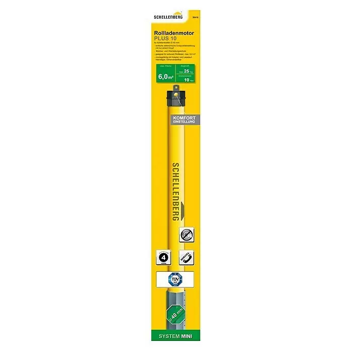 Schellenberg Motor tubular Mini Plus 10 - Superficie de persiana enrollable máx.: 6 m² para persianas de plástico, Longitud de instalación: 570 mm, Fuerza de tracción: 25 kg - Motor persiana Schellenberg PLUS 10, amarillo-gris, para ejes octogonales de 40mm. Máx 6m², 25kg tracción, 10Nm par.