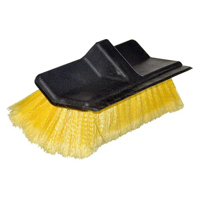 Yachticon Bürstenkopf Deluxe mit Abzieher - Passend für: Yachticon Waschbürsten, Breite: 25 cm - Nahaufnahme einer gelben Waschbürste mit schwarzem Griff, ideal für Reinigungsarbeiten im Haushalt oder im gewerblichen Bereich.