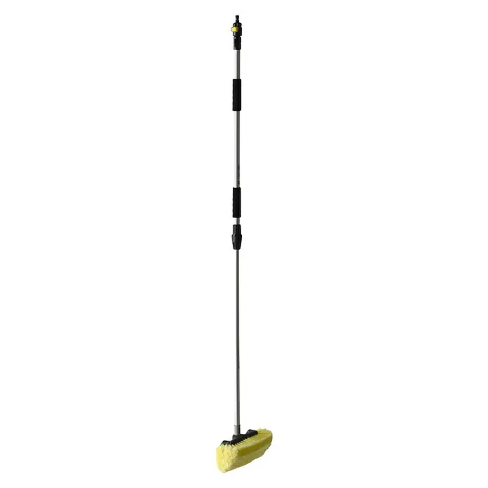 Yachticon Waschbürsten-Set - Länge Stiel: 90 cm - 175 cm, Mit Seitenborsten - Das Bild zeigt eine ausziehbare Waschbürste mit gelbem Bürstenkopf und Teleskopstiel, ideal für die Autowäsche.