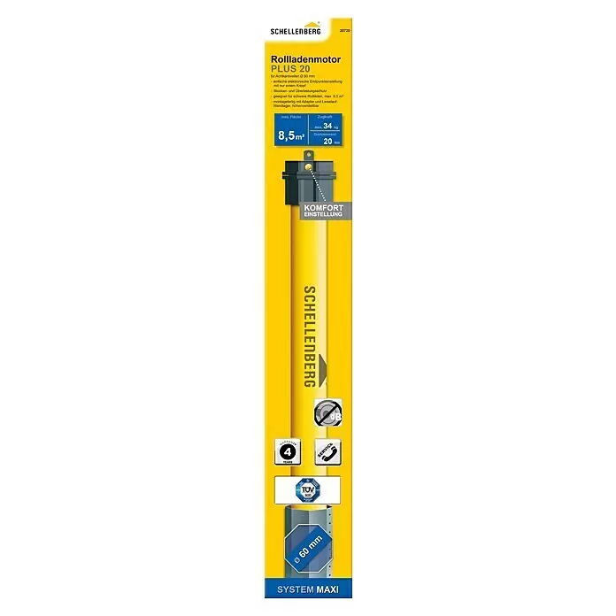 Schellenberg Motor tubular Maxi Plus - Superficie de persiana enrollable máx.: 8,5 m² para persianas de plástico, Longitud de instalación: 555 mm, Fuerza de tracción: 34 kg - Motor de persiana enrollable Schellenberg PLUS 20, un motor tubular gris para persianas enrollables de Ø 60 mm.