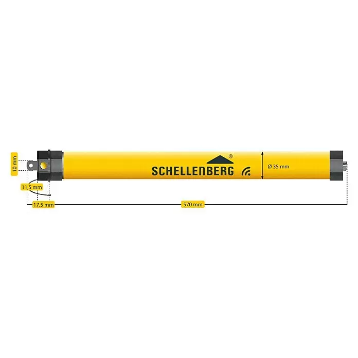 Schellenberg Funk-Rohrmotor Premium 10 Mini - Max. Rollladenfläche: 6 m² bei Kunststoffrollläden, Einbaulänge: 570 mm, Zugkraft: 25 kg - Gelber Schellenberg Rohrmotor, Ø 35 mm, 570 mm lang, mit Montageendstück und WLAN-Symbol.