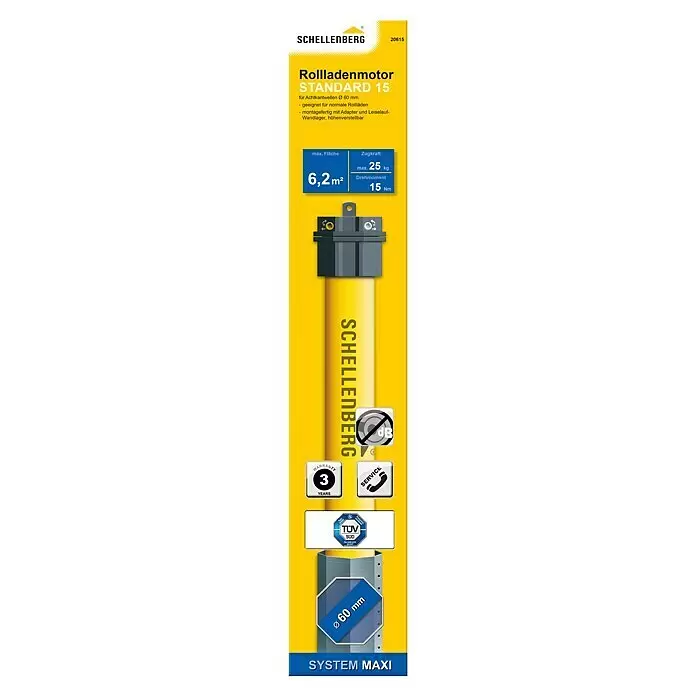 Schellenberg Motor tubular Maxi Standard - Superficie de persiana enrollable máx.: 6,2 m² para persianas de plástico, Longitud de instalación: 500 mm, Fuerza de tracción: 25 kg - Motor de persiana Schellenberg Standard 15 amarillo y gris para ejes octagonales de 60mm, para 6,2m² de superficie y 25kg de fuerza.