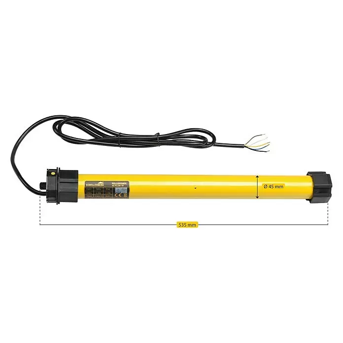 Schellenberg Motor tubular Maxi Plus - Superficie de persiana enrollable máx.: 4,2 m² para persianas de plástico, Longitud de instalación: 555 mm, Fuerza de tracción: 20 kg - Motor tubular amarillo (L 535mm, Ø 45mm) con cable negro para persianas.
